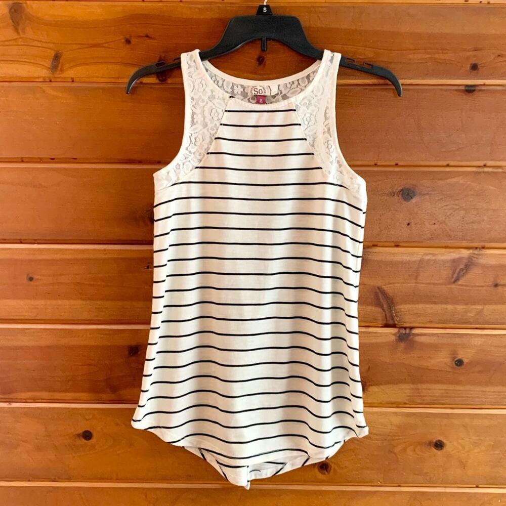 Striped Lace Trim Lace Open Back Slit Sleeveless Tank Top NWOT